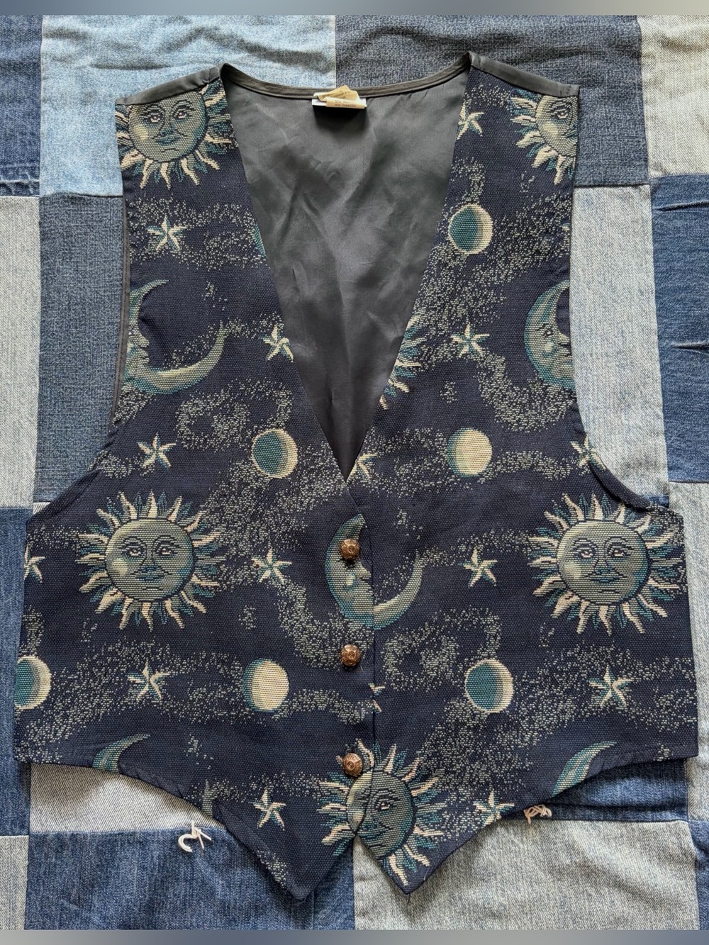 vintage celestial sun moon tapestry vest 90s navy blue stars backroad blues L